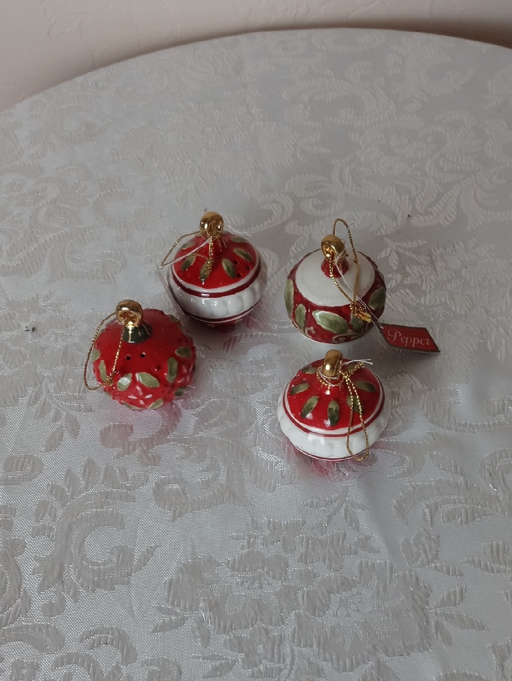 Holiday Red and White Ceramic Ornament Set of Four Salt and Pepper Shakers